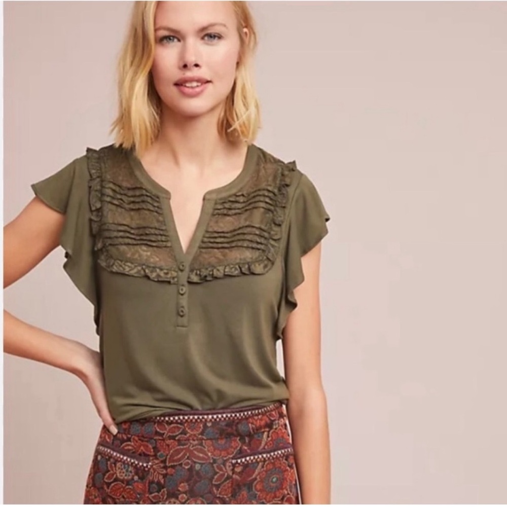 Maeve Anthropologie Olive Green Ruffle Detail Women's Top